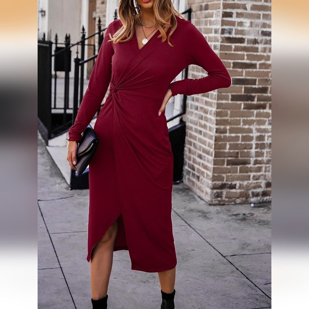 Women's Long Sleeve Dress: Midi Casual V Neck Twist Waist Ribbed Knit Size Large - Picture 1 of 5